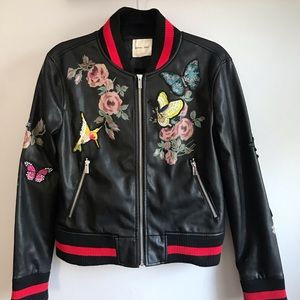 Faux Leather embroidered bomber jacket